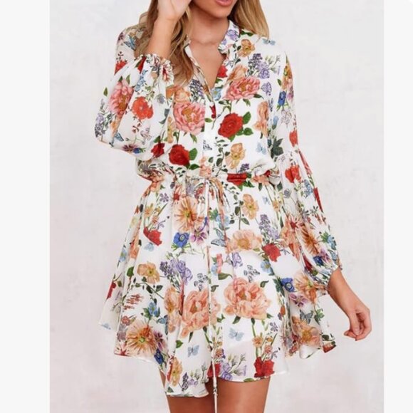 Clarisbelle Dresses & Skirts - Clarisbelle Long Sleeves Button up Tie Waist Floral Chiffon Dress Size XL